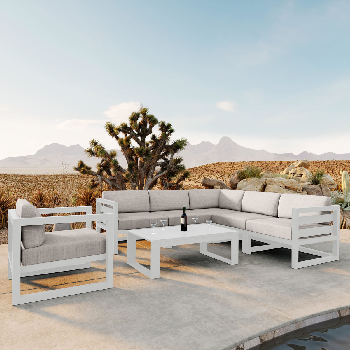 Avion 7 Piece Aluminum Sectional Set#Finish_White#Fabric_Cast Silver