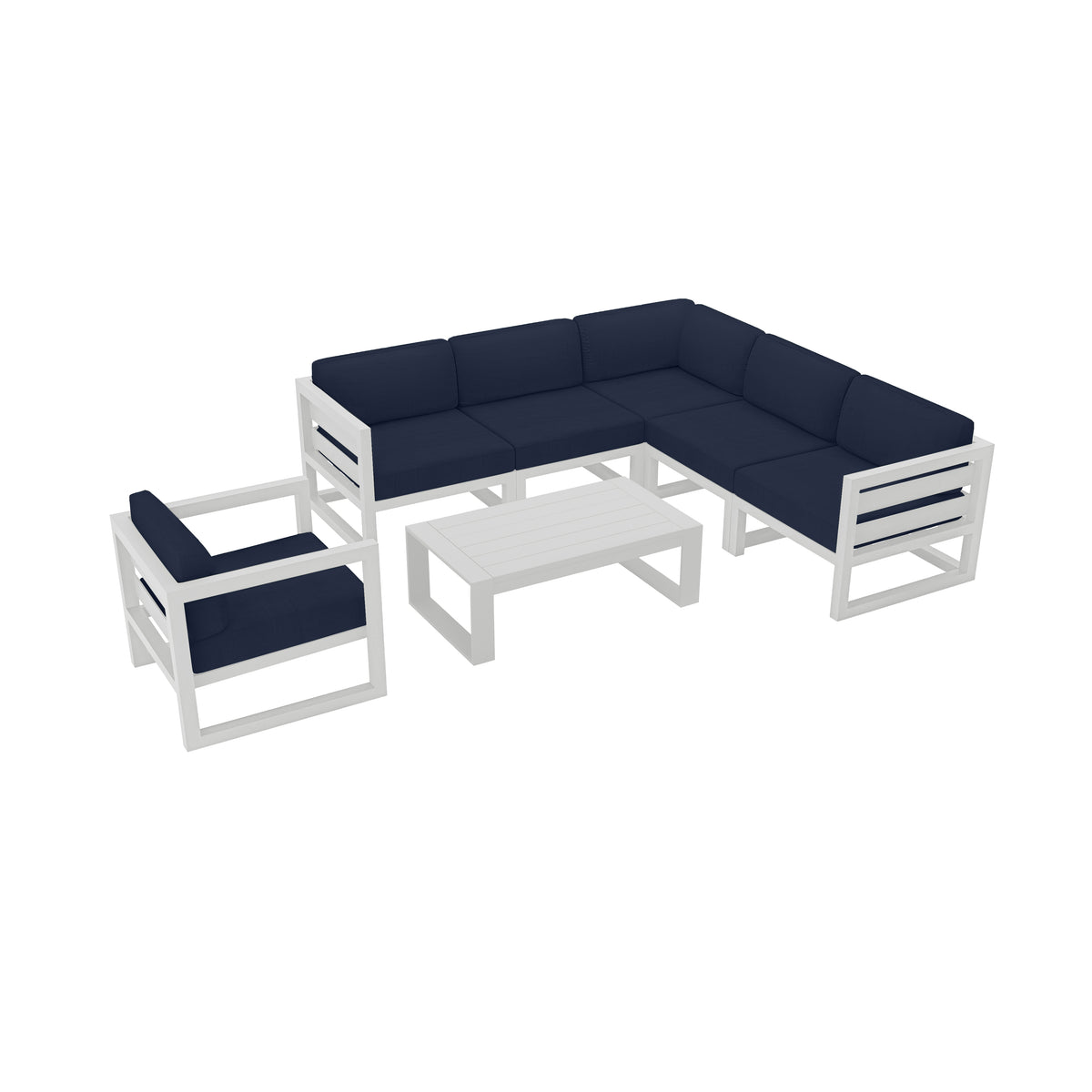 Avion 7 Piece Aluminum Sectional Set#Finish_White#Fabric_Spectrum Indigo