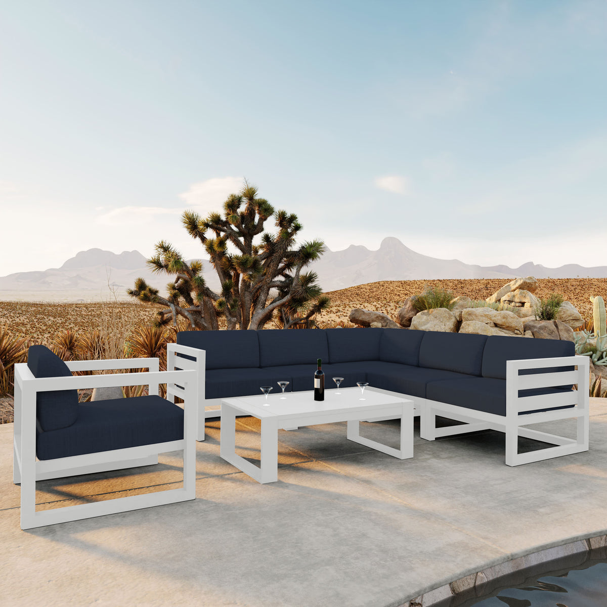 Avion 7 Piece Aluminum Sectional Set#Finish_White#Fabric_Spectrum Indigo