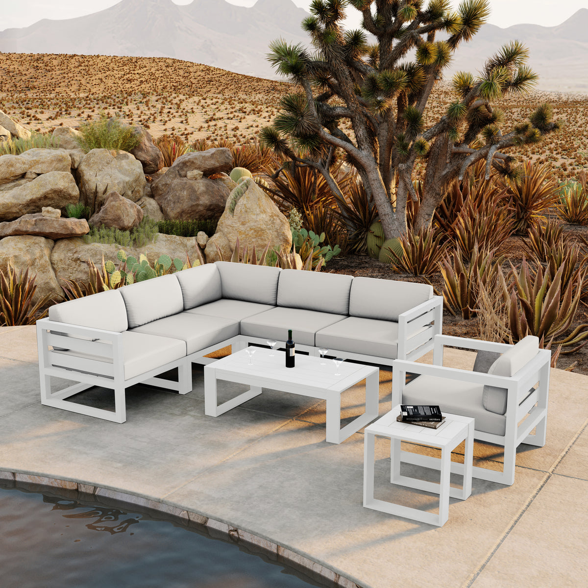 Avion 8 Piece Aluminum Sectional Set#Finish_White#Fabric_Canvas Natural