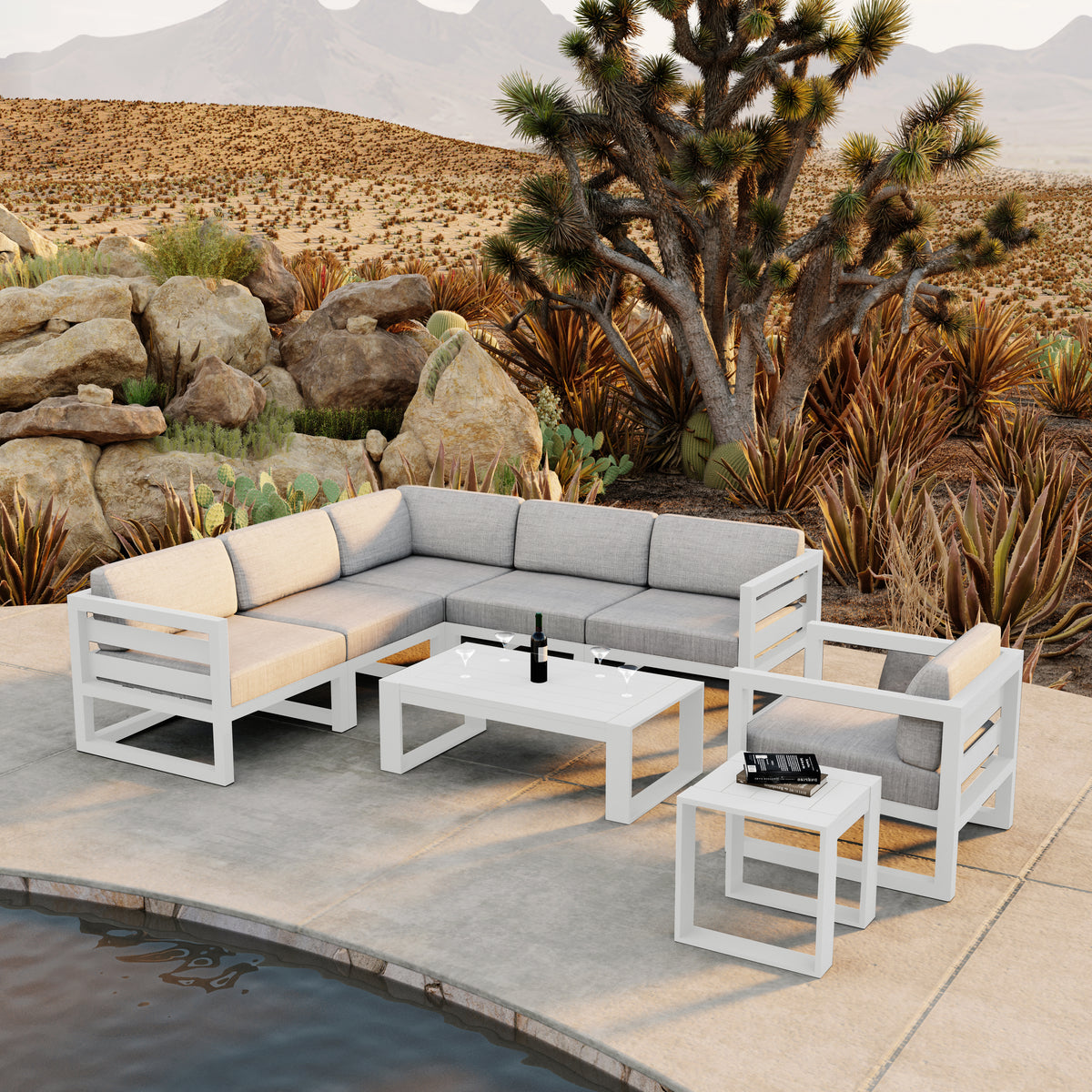 Avion 8 Piece Aluminum Sectional Set#Finish_White#Fabric_Cast Silver