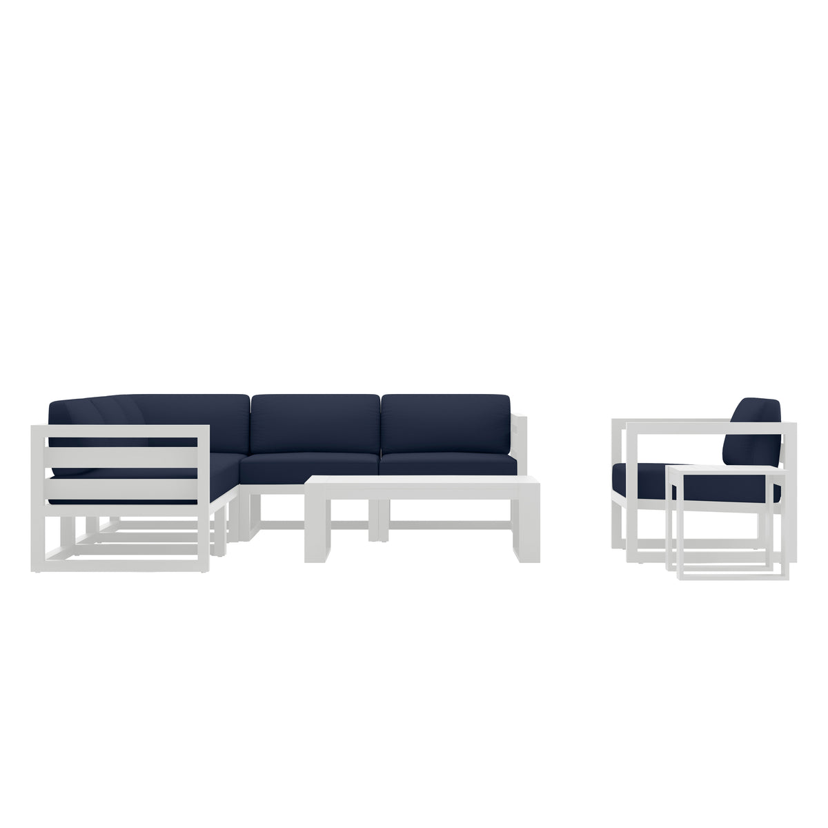 Avion 8 Piece Aluminum Sectional Set#Finish_White#Fabric_Spectrum Indigo