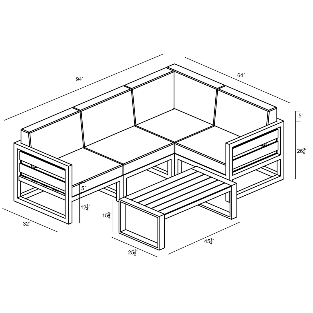 Avion 5 Piece Aluminum Sectional Set - Black - Canvas Charcoal