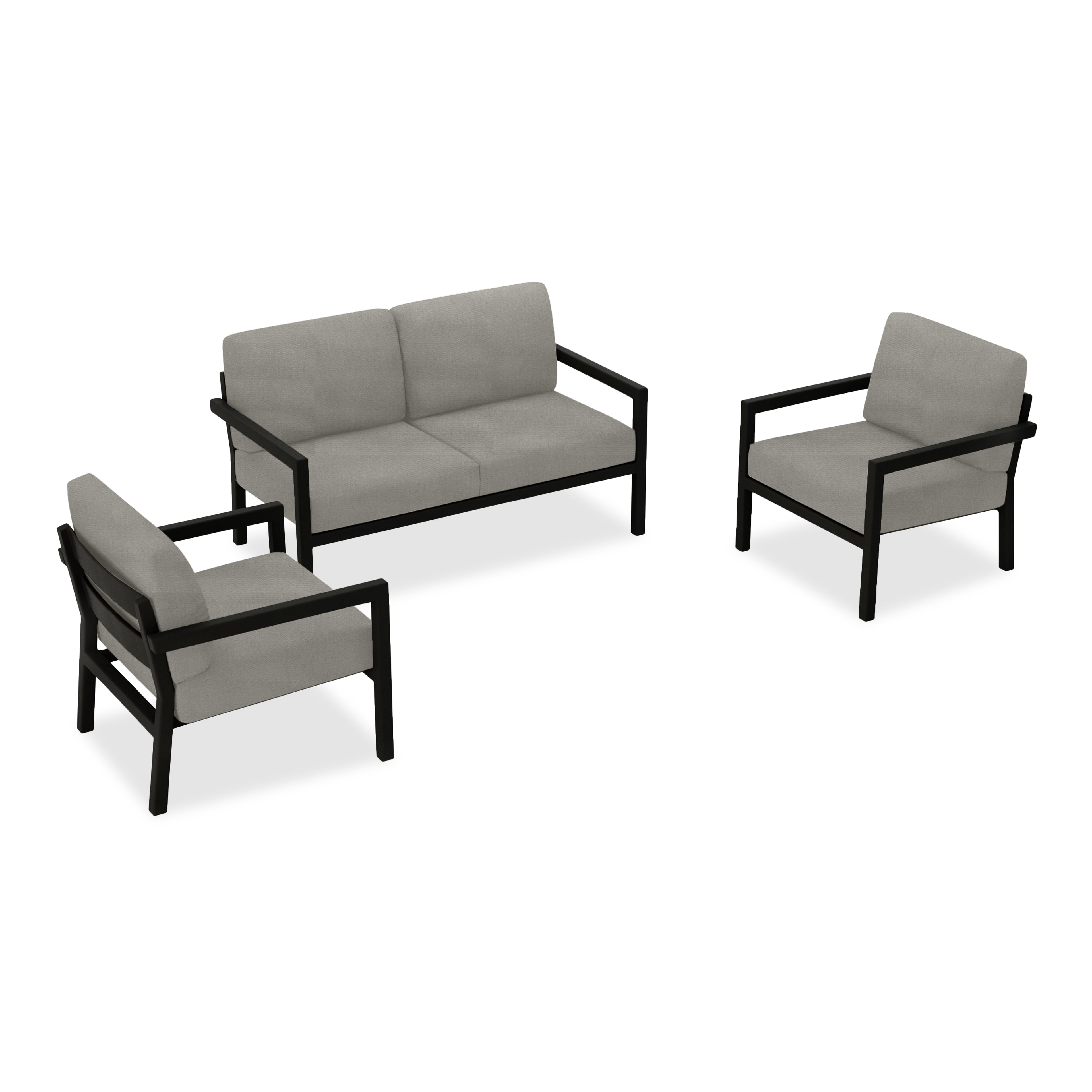 Pacifica 3 Piece Aluminum Loveseat Set#Finish_Black#Fabric_Canvas Charcoal