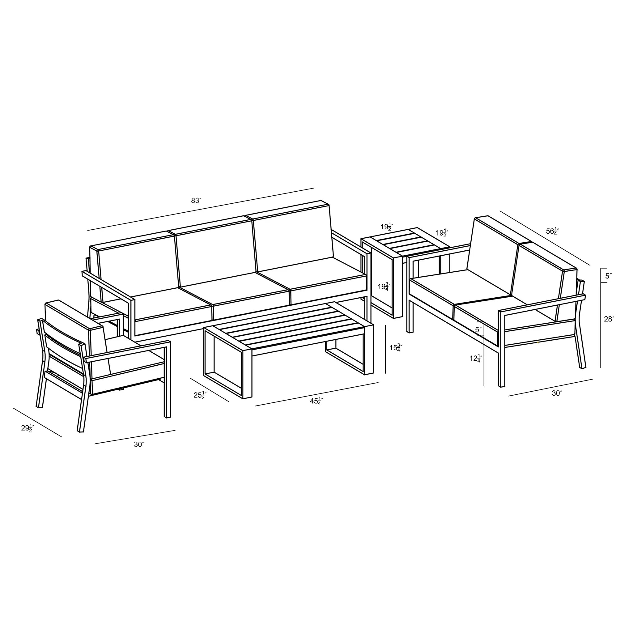 Harmonia Living Pacifica 5 Piece Aluminum Sofa Set - Slate 60