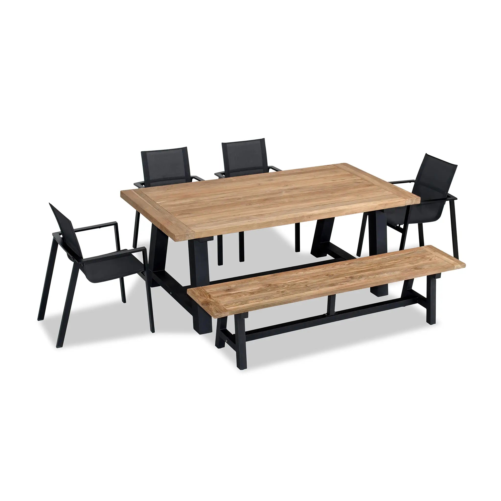 Harmonia Living Lift Mill 6 to 7 Seat Aluminum Reclaimed Teak Dining Set with Bench 3