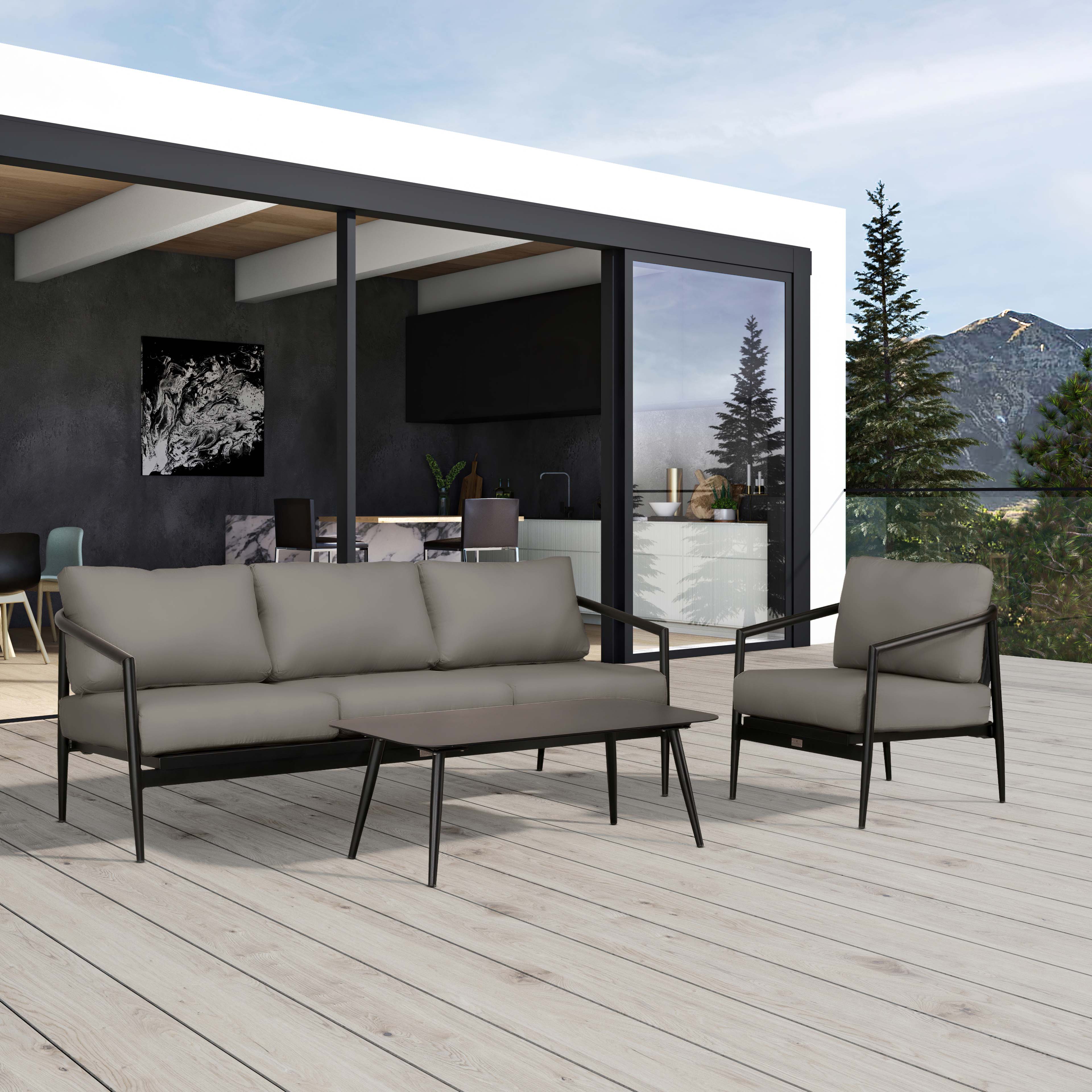 Olio 3 Piece Aluminum Sofa Set#Finish_Black#Fabric_Canvas Charcoal