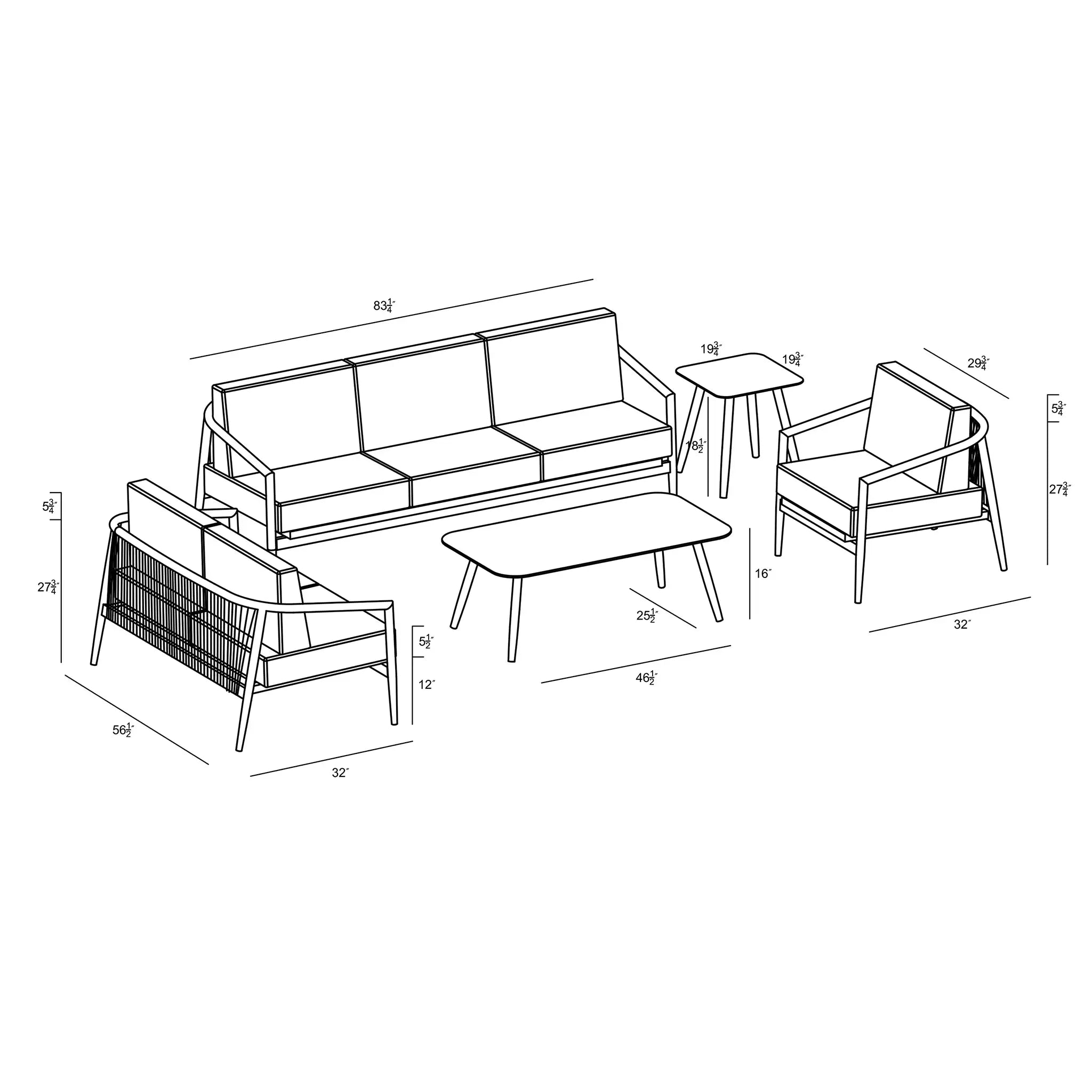Harmonia Living Olio 5 Piece Aluminum Sofa Set - Urban Stone/Carrera 70