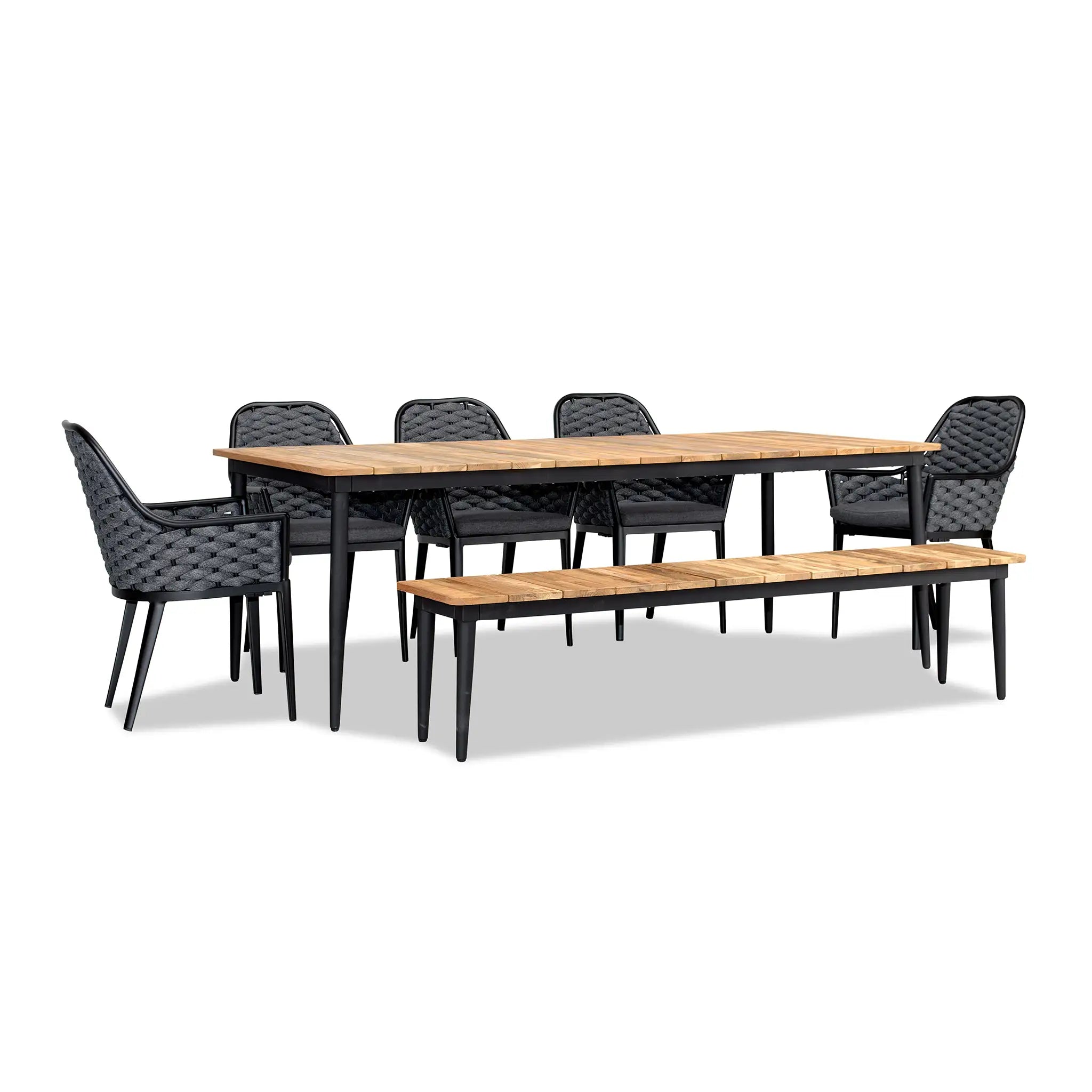 Harmonia Living Parlor Louie 7 to 8 Seat Aluminum Reclaimed Teak Dining Set with Bench 3
